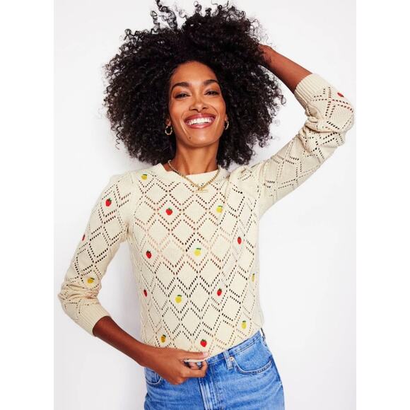 Boden Enid Embroidered Fruit Cotton Sweater Cream Knit Cottagecore S - Picture 1 of 9
